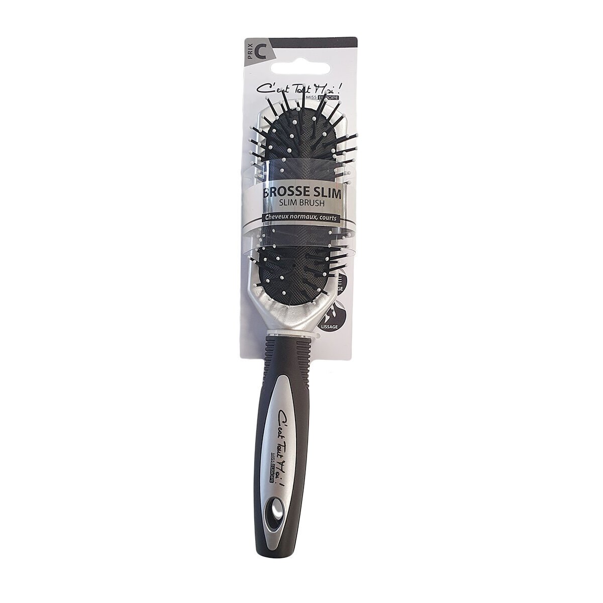 Hair brush with spiked ball finish on a black/silver plastic air cushion C'est Tout Moi!