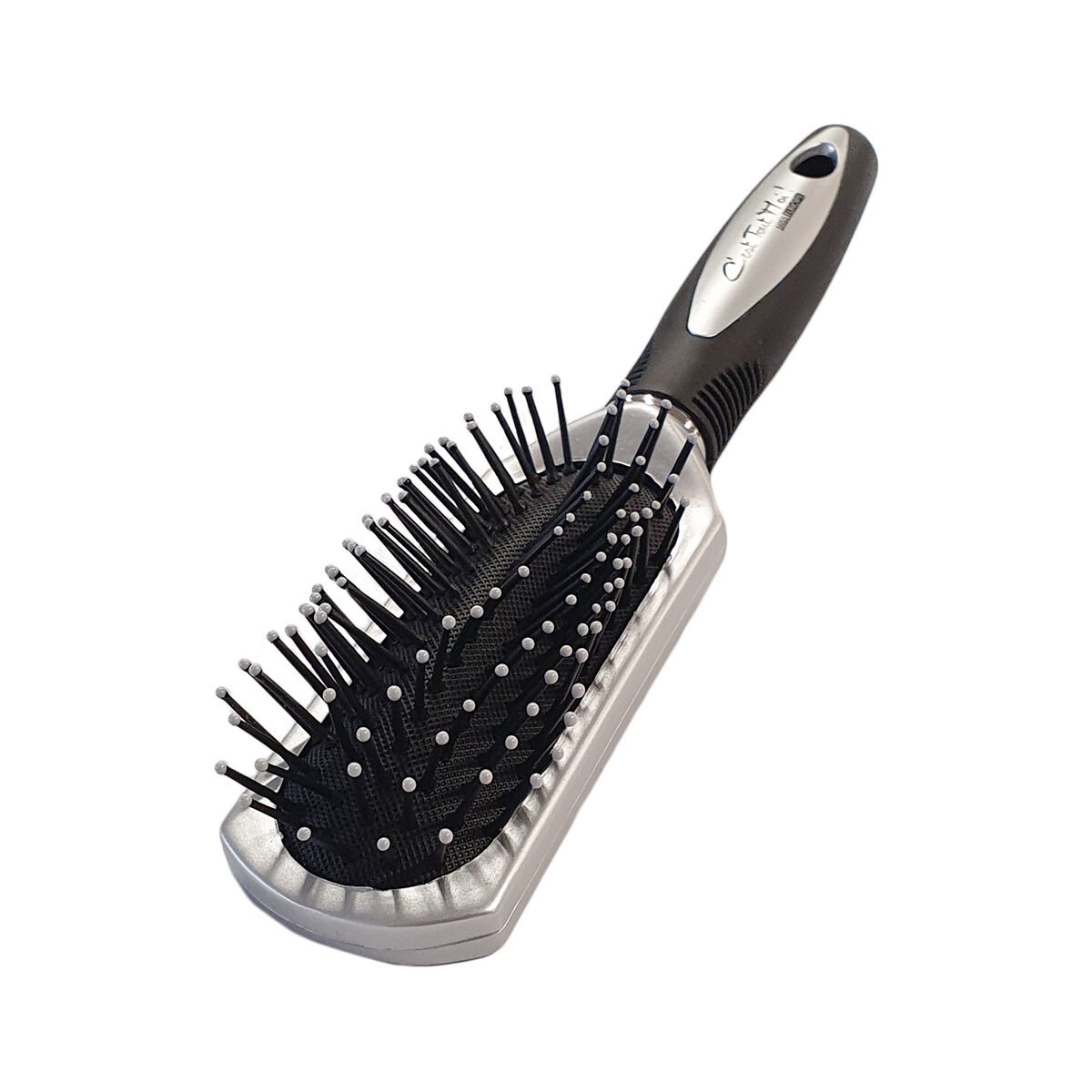 Hair brush with spiked ball finish on a black/silver plastic air cushion C'est Tout Moi!