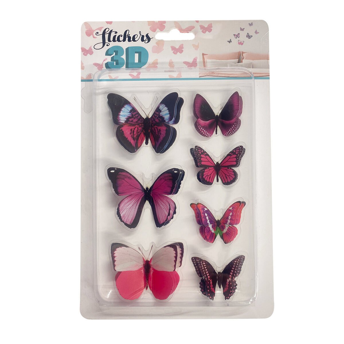 Lot 7 stickers Petit papillon en relief 2 tailles plastique couleurs fuchsias assorties
