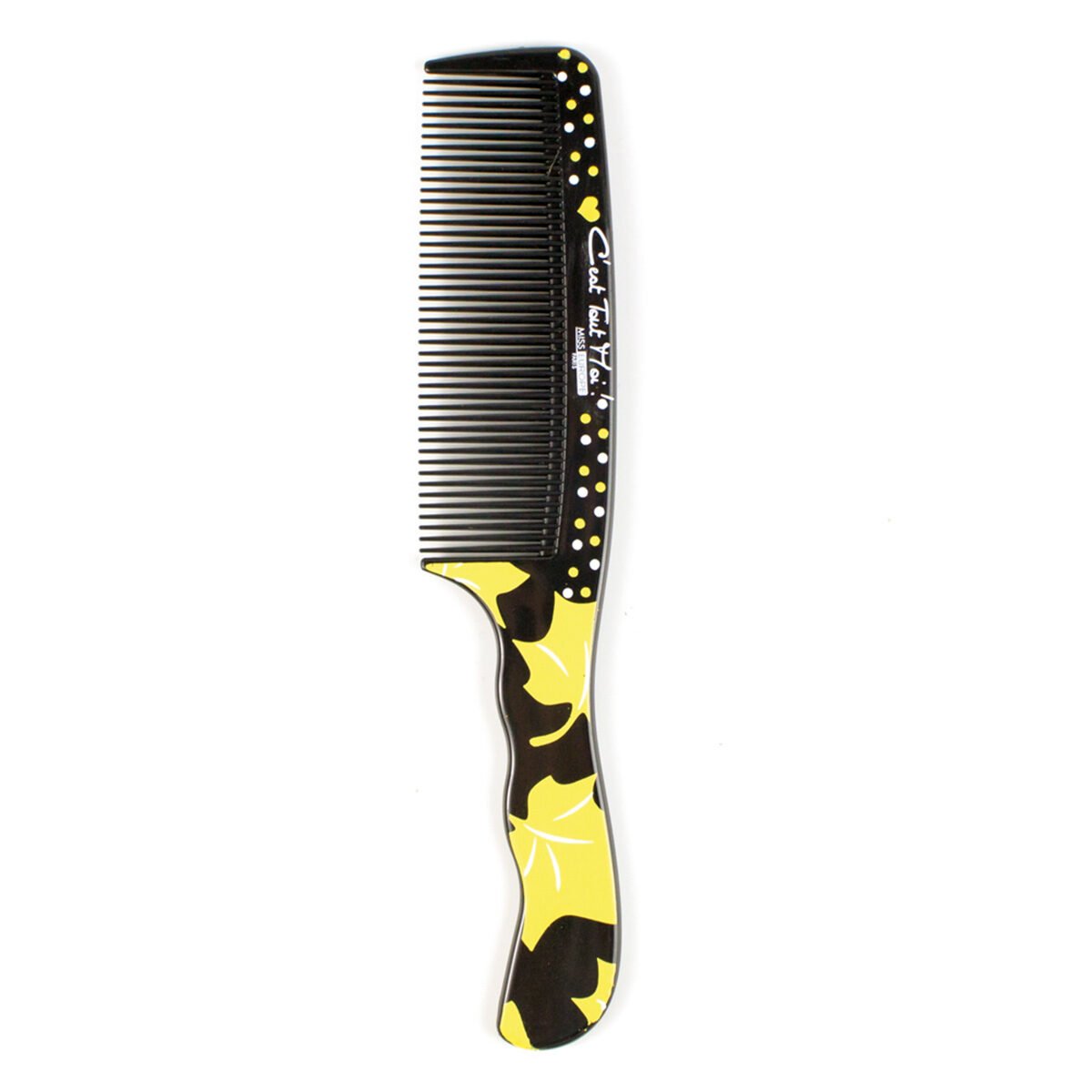 Detangling comb for yellow patterned hair with black plastic handle C'est Tout Moi!