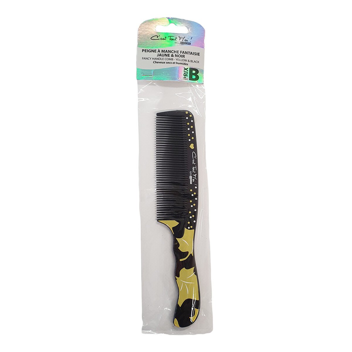 Detangling comb for yellow patterned hair with black plastic handle C'est Tout Moi!