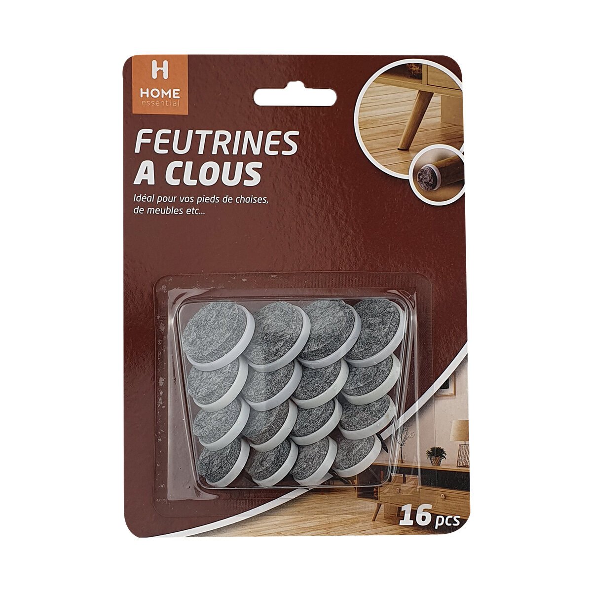 Set of 16 gray felt gliders with nails in 4 different diameters Home Esseential