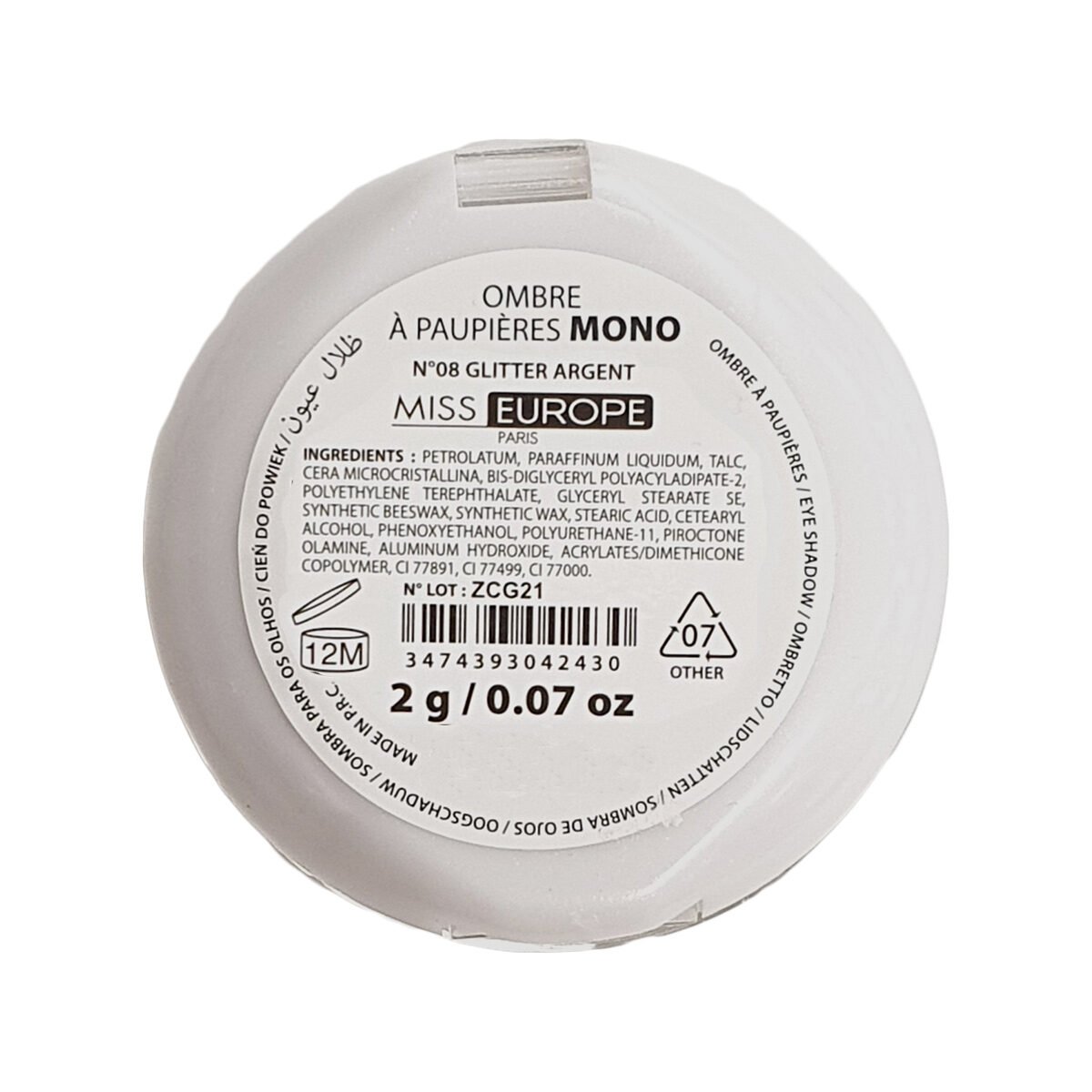 Mono eye shadow n°08 silver glitter 3.5 g Miss Europ