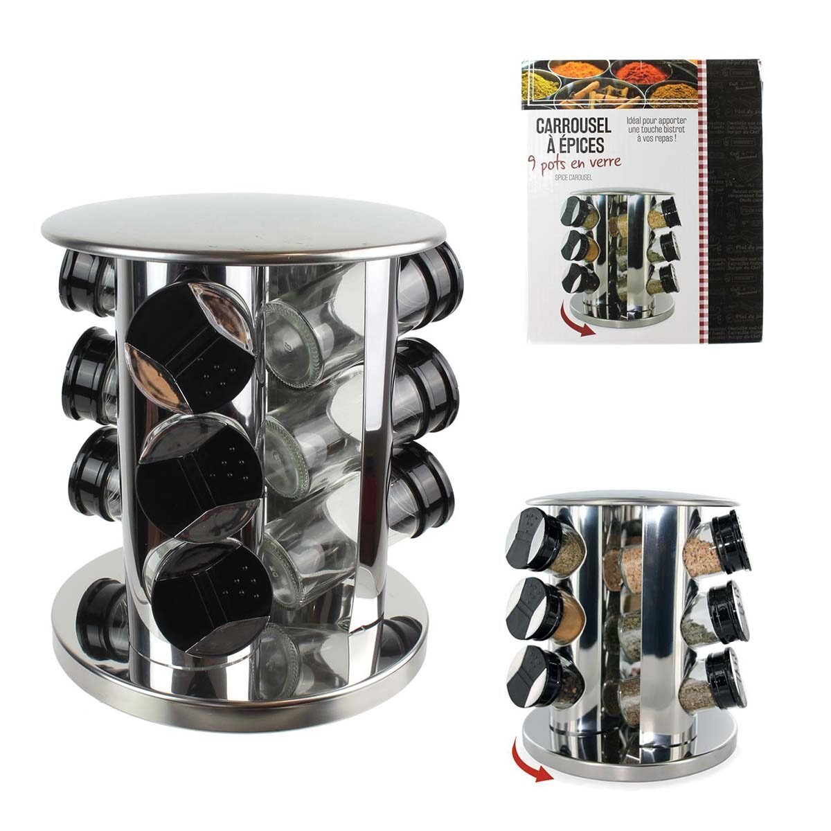 Carrousel à épices tour rotatif inox avec 9 pots verre