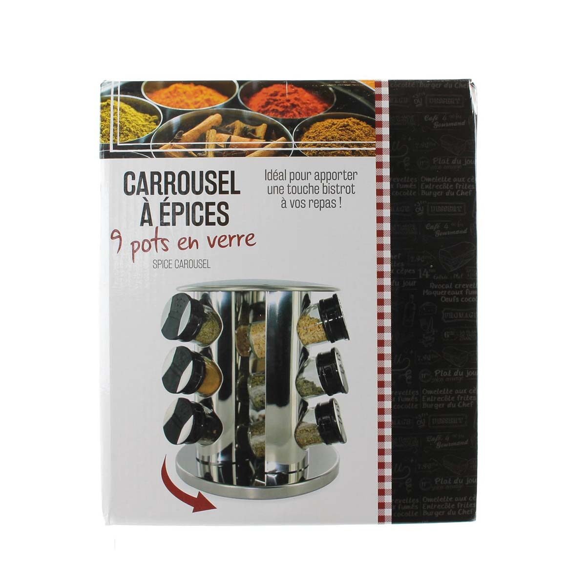 Carrousel à épices tour rotatif inox avec 9 pots verre