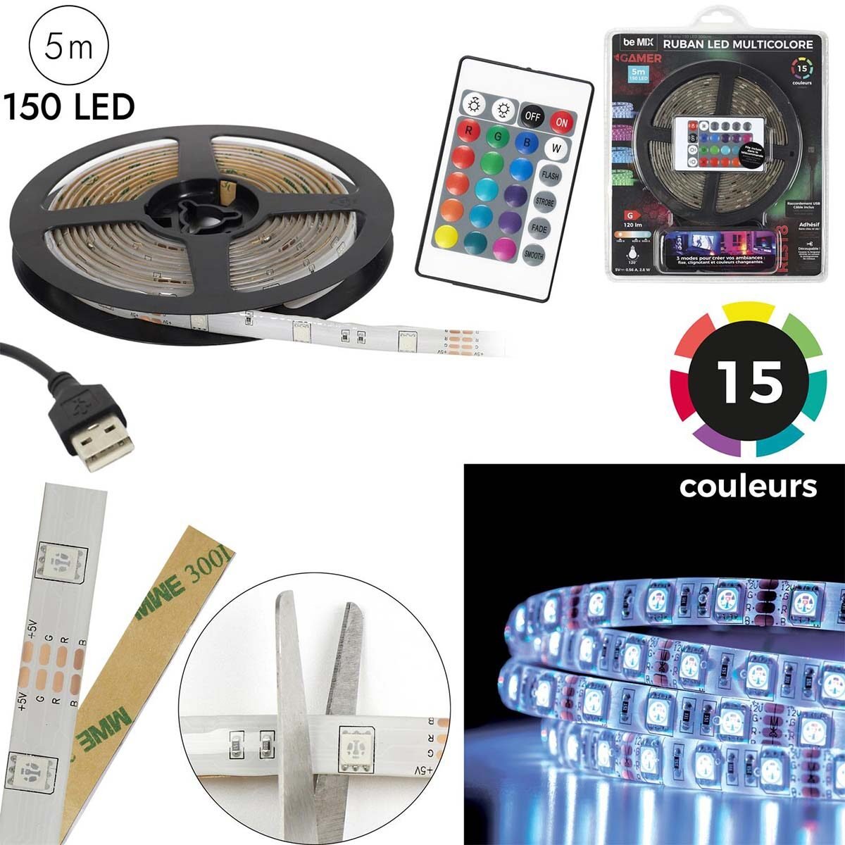 Strip of 150 multicolored LEDs 15 changing colors adhesive and cuttable 5 m with USB cable connection and control by Be Mix remote control