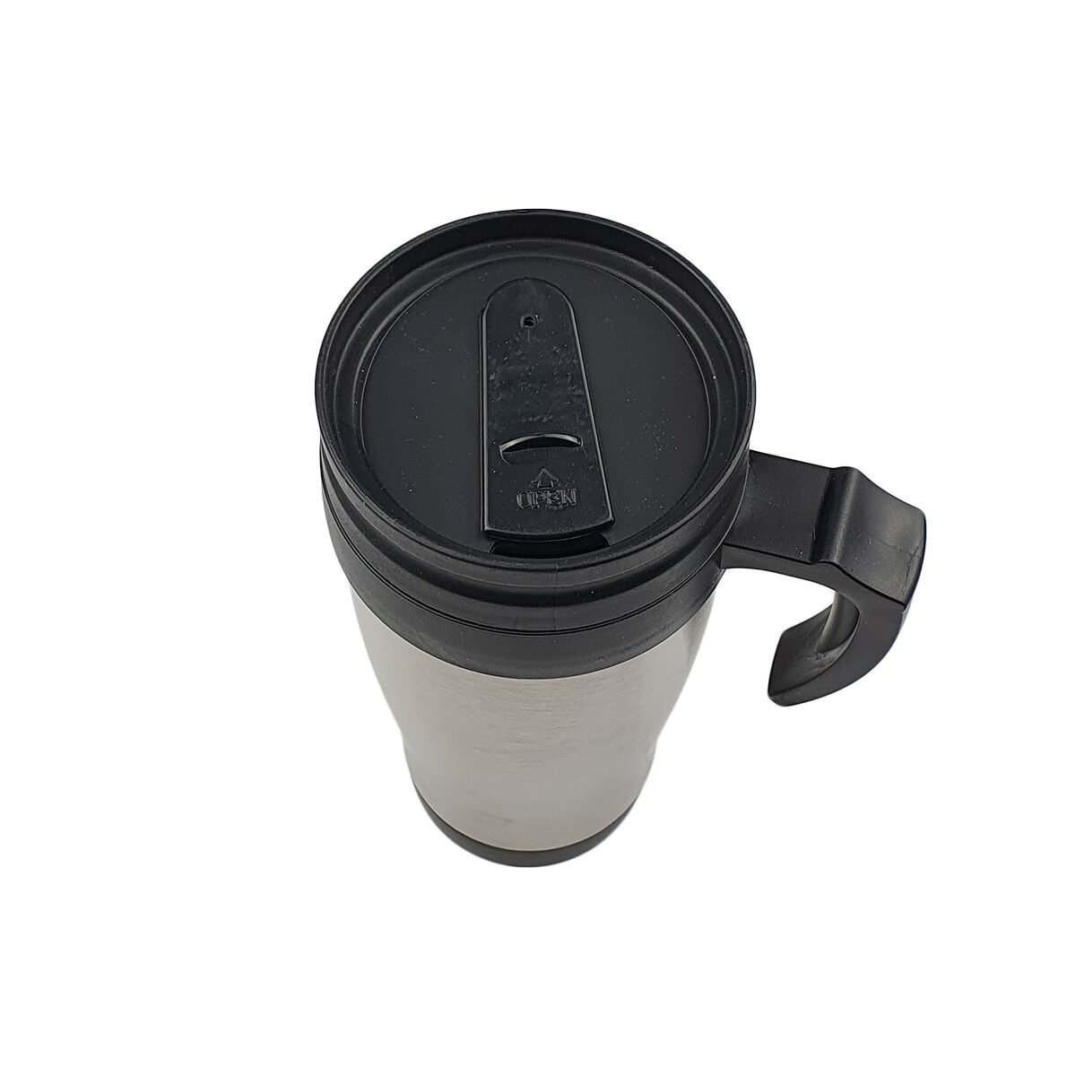 45 cL stainless steel transport mug with flap opening and black plastic handle