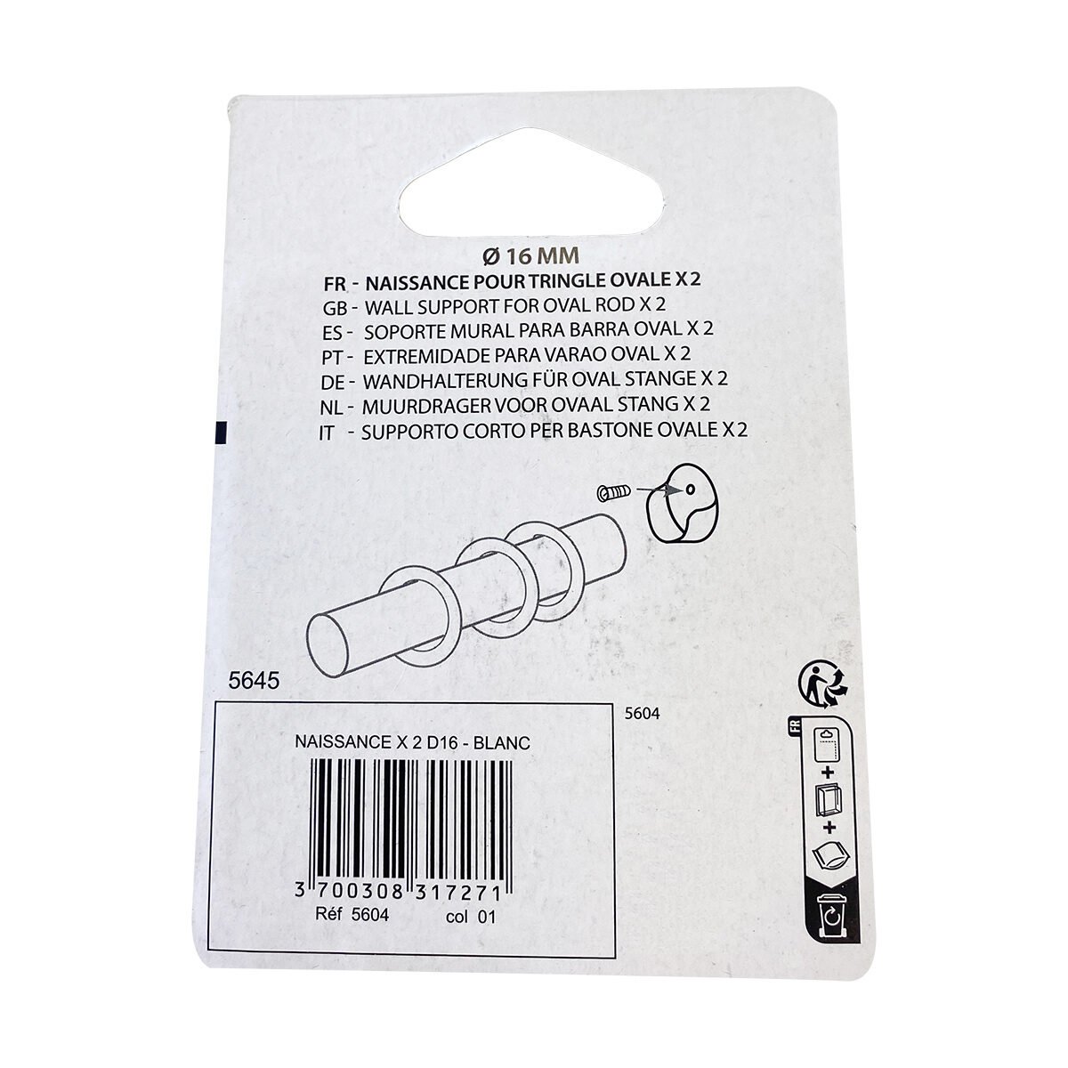 Lot 2 supports naissance métal blanc pour barre D 16 mm Luance