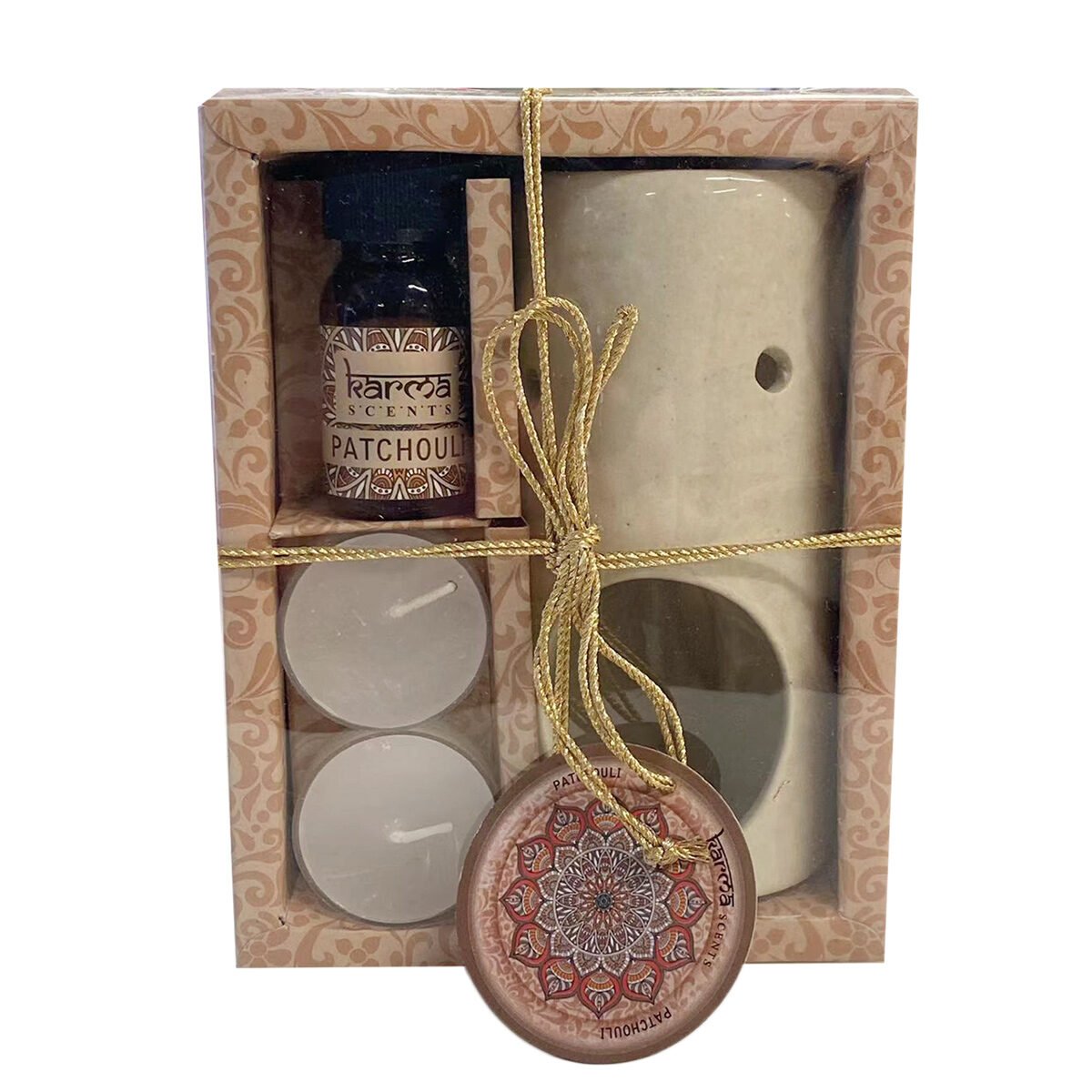 Patchouli scent box with ceramic incense burner, scented oil and 2 Karma Scents tea lights