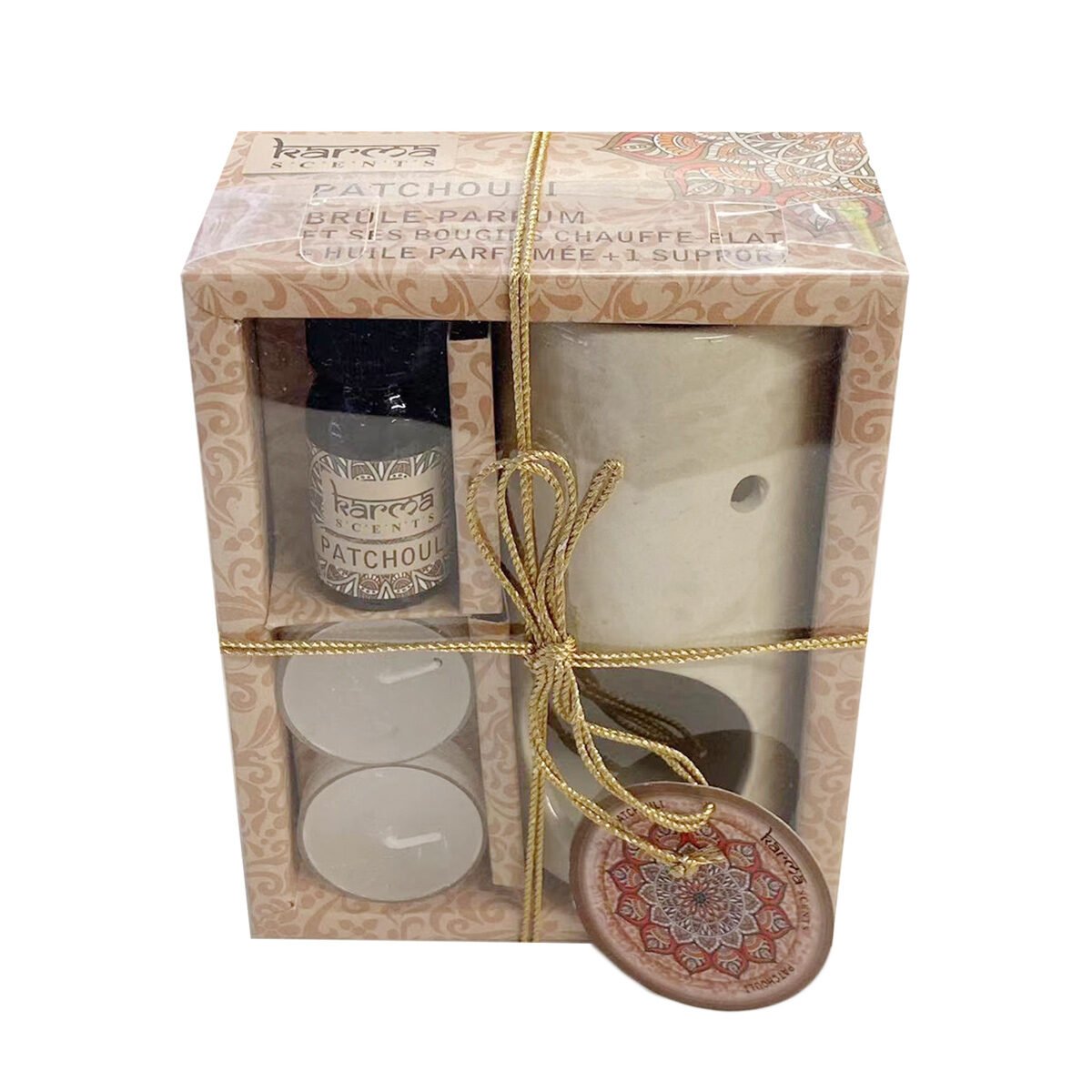 Patchouli scent box with ceramic incense burner, scented oil and 2 Karma Scents tea lights