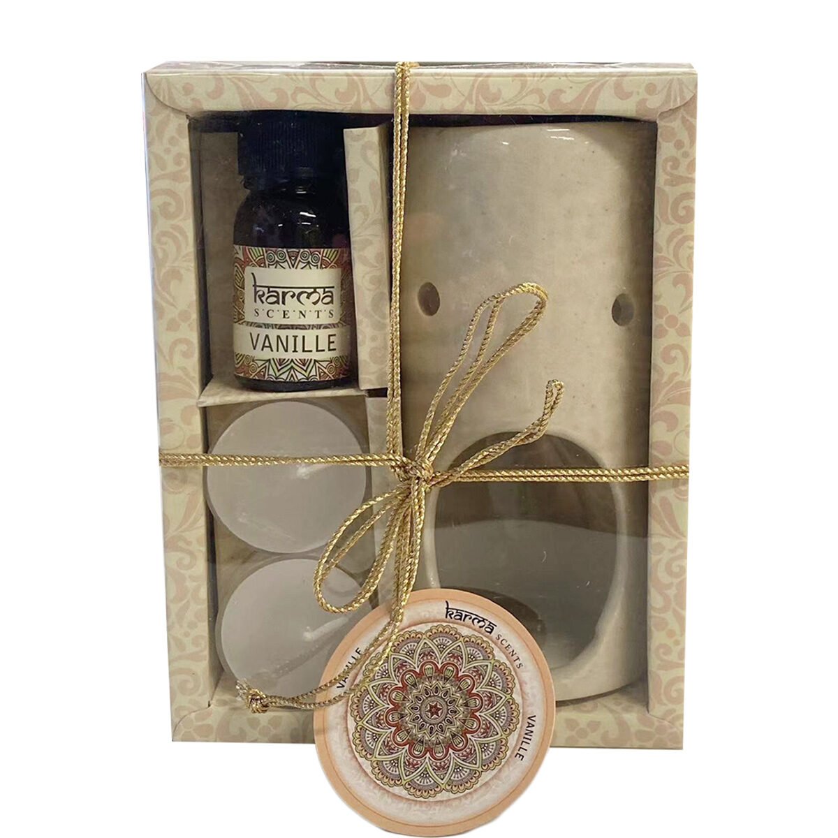 Vanilla scent box with ceramic incense burner, scented oil and 2 Karma Scents tea lights