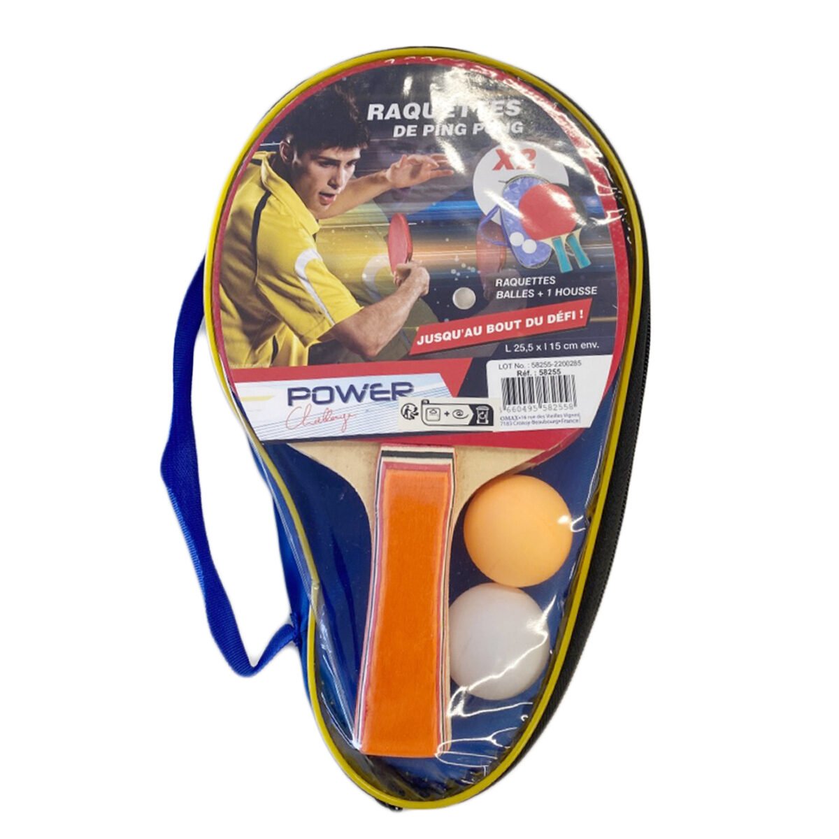 Set of 2 wood/rubber ping pong rackets + 2 balls + 1 Power Challenge storage bag