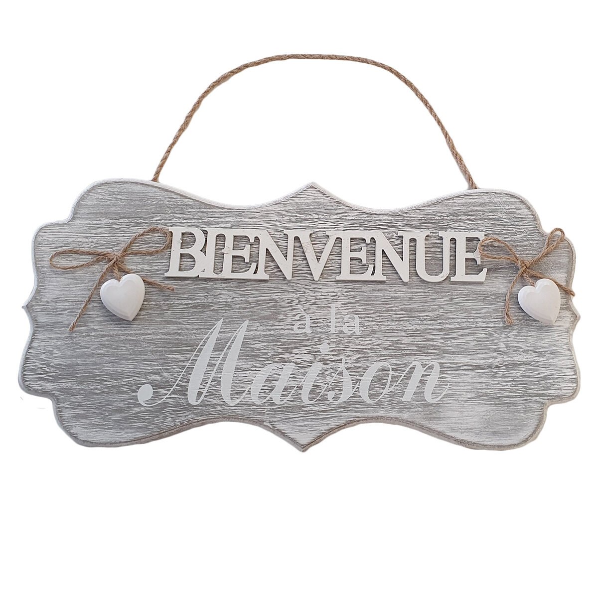 Limed wood plaque “Welcome Home” 2 hearts and “Welcome” relief to hang Harmonia