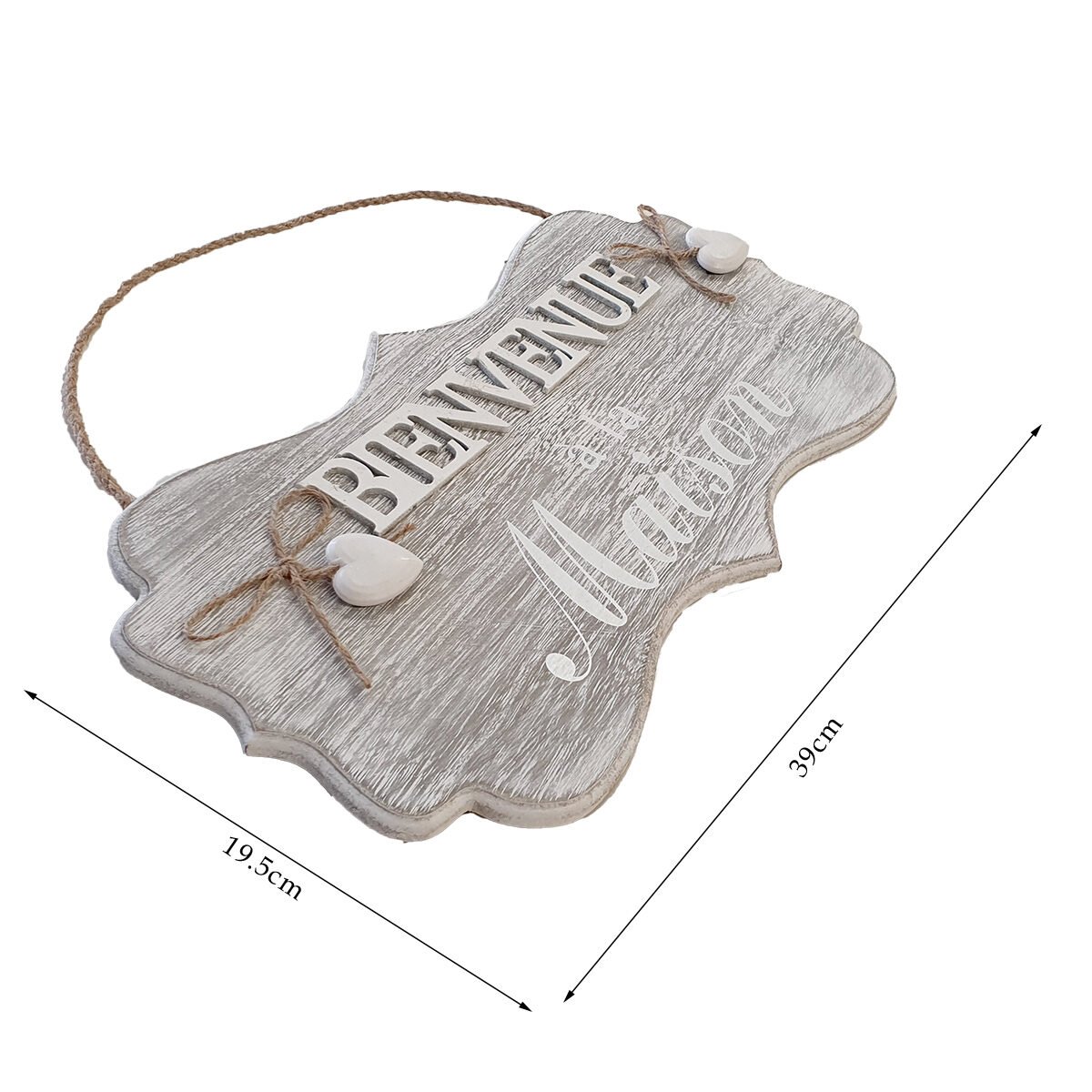 Limed wood plaque “Welcome Home” 2 hearts and “Welcome” relief to hang Harmonia