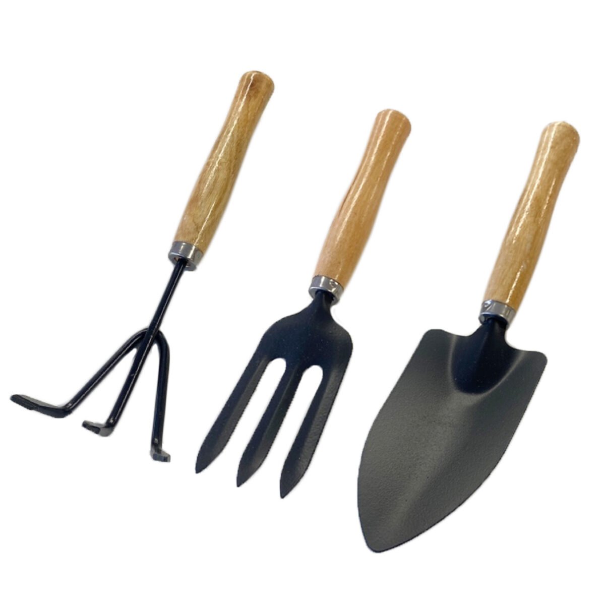 Lot 3 outils de jardinage métal noir avec manche bois Happy Green